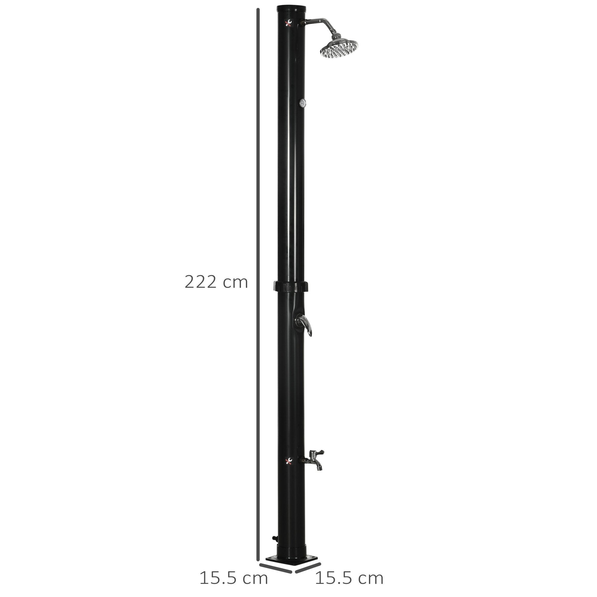 20L Solar Shower with Bottom Tap and Adjustable Temperature, Zinc Alloy, 15.5x15. 5x222 cm, Black