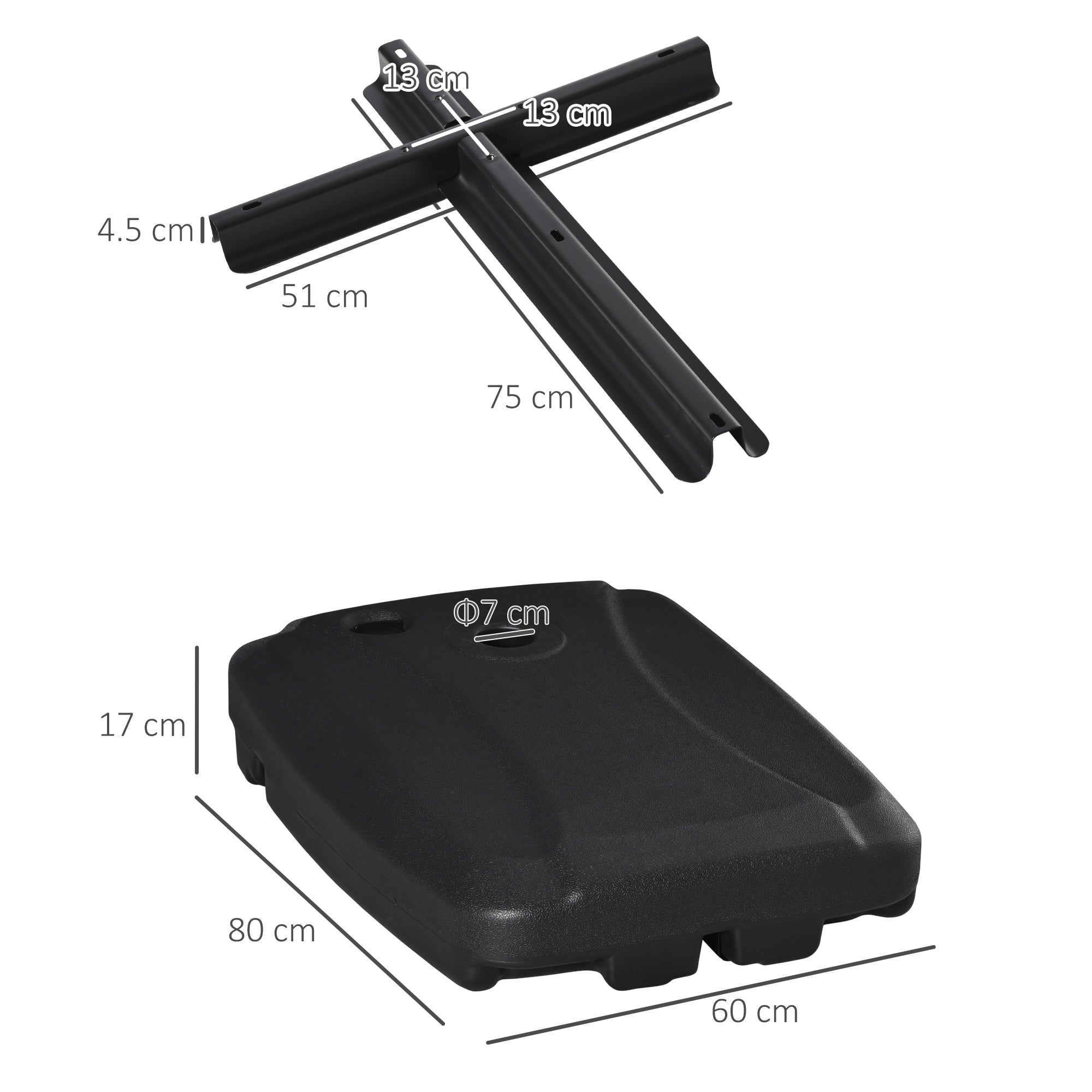 Fillable Arm Umbrella Base up to 75kg with T-Base Included, 80x60x17cm, Black