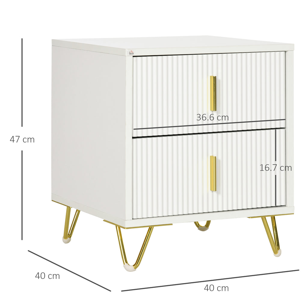 2-Drawer Wooden Nightstand with Metal Handles and Legs, 40x40x47 cm, White and Gold