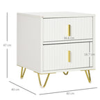 2-Drawer Wooden Nightstand with Metal Handles and Legs, 40x40x47 cm, White and Gold