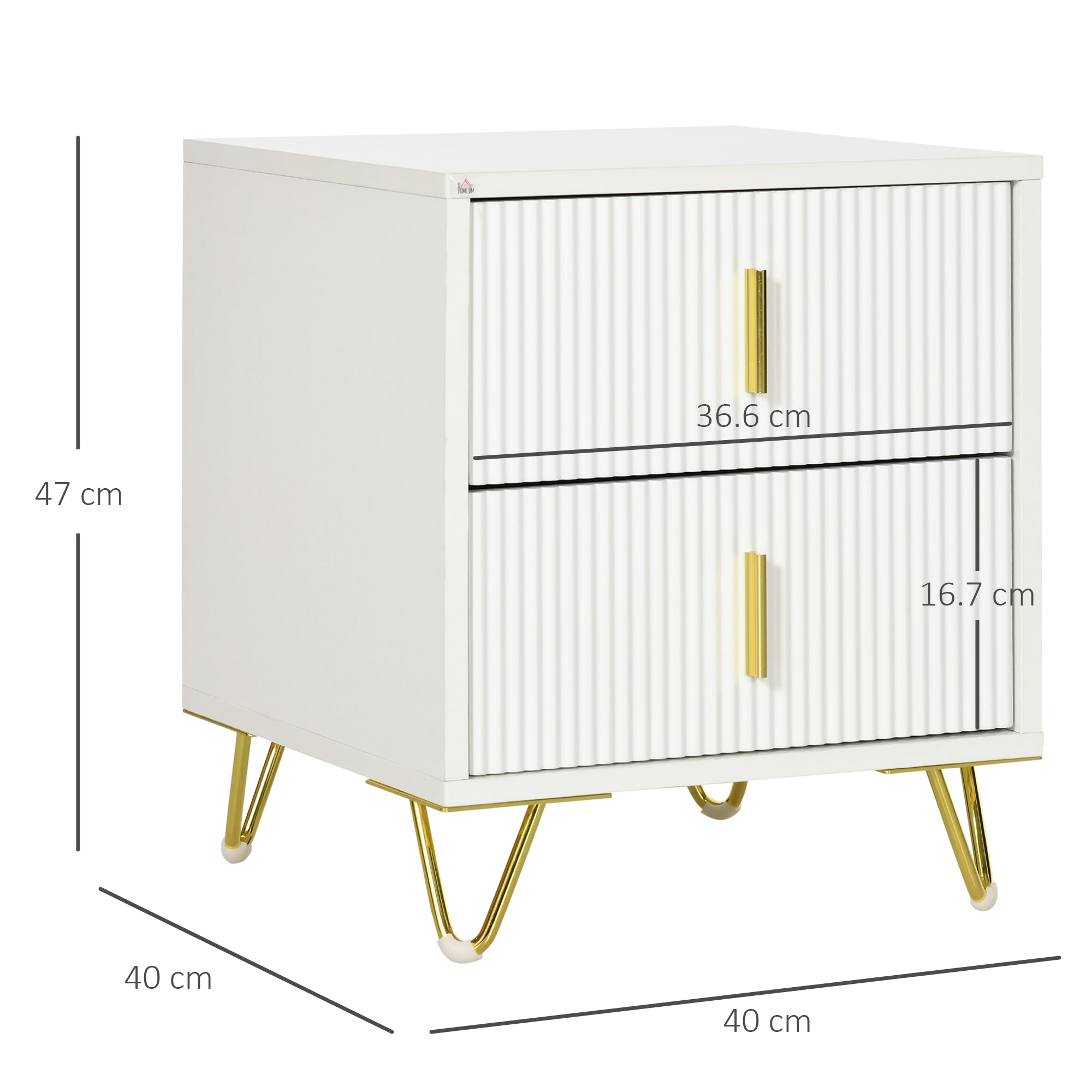 2-Drawer Wooden Nightstand with Metal Handles and Legs, 40x40x47 cm, White and Gold