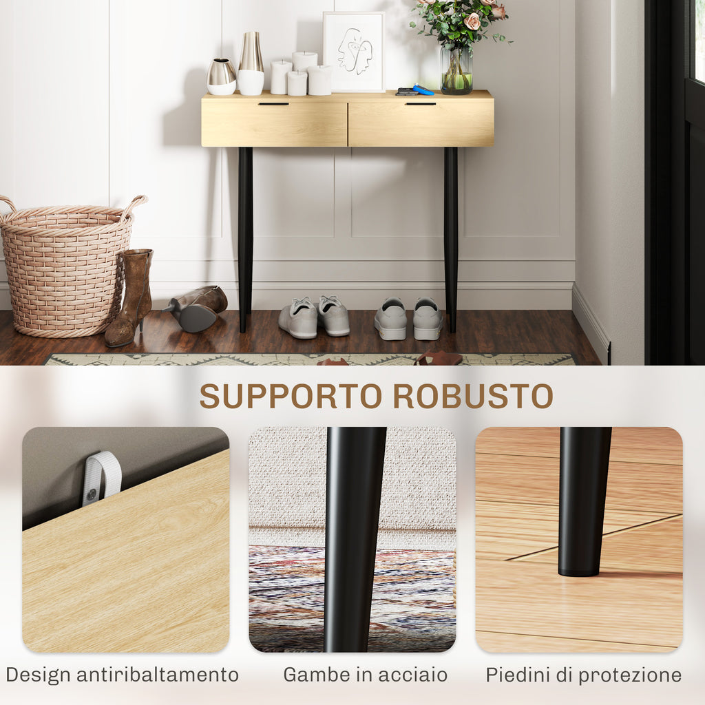 Nordic Style Entrance Console Table with 2 Drawers in Wood and Steel, 100x30x80.5 cm, Oak