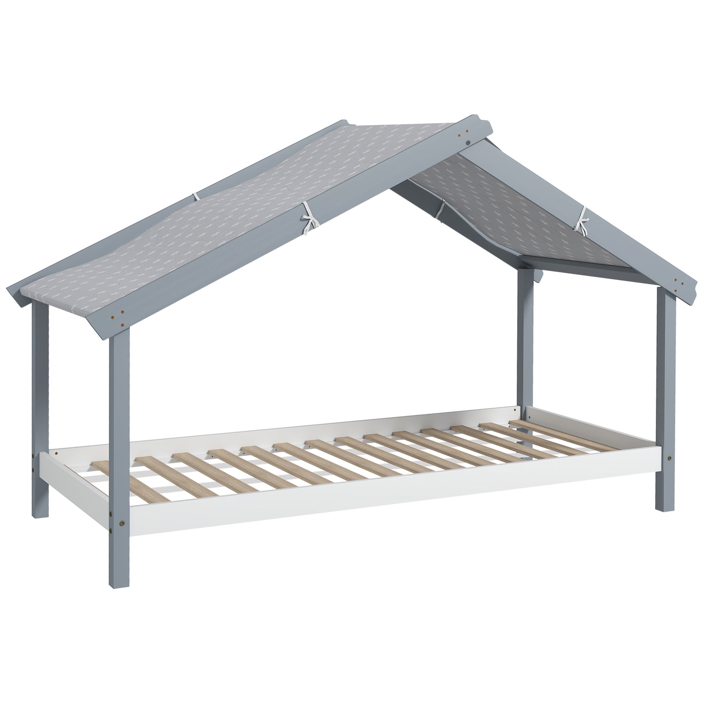 Slatted Pine Wood House Bed with Fabric Starry Roof, 213x100x140 cm, Grey