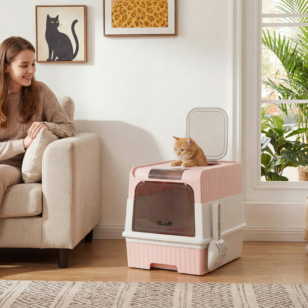 PawHut Enclosed Cat Litter Box with Removable Tray, Scoop and Deodorizer, 48x35x36 cm, Pink