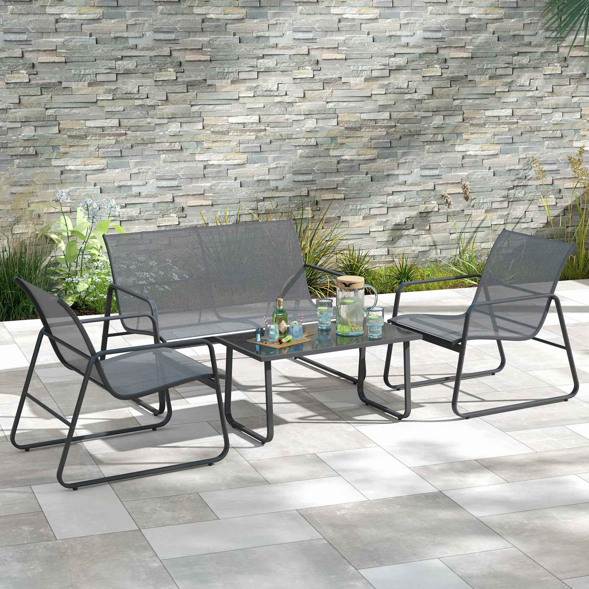 Outsunny 4-Piece Outdoor Set with Coffee Table, 2-Seater Bench and 2 Chairs, in Metal and Light Grey Texteline