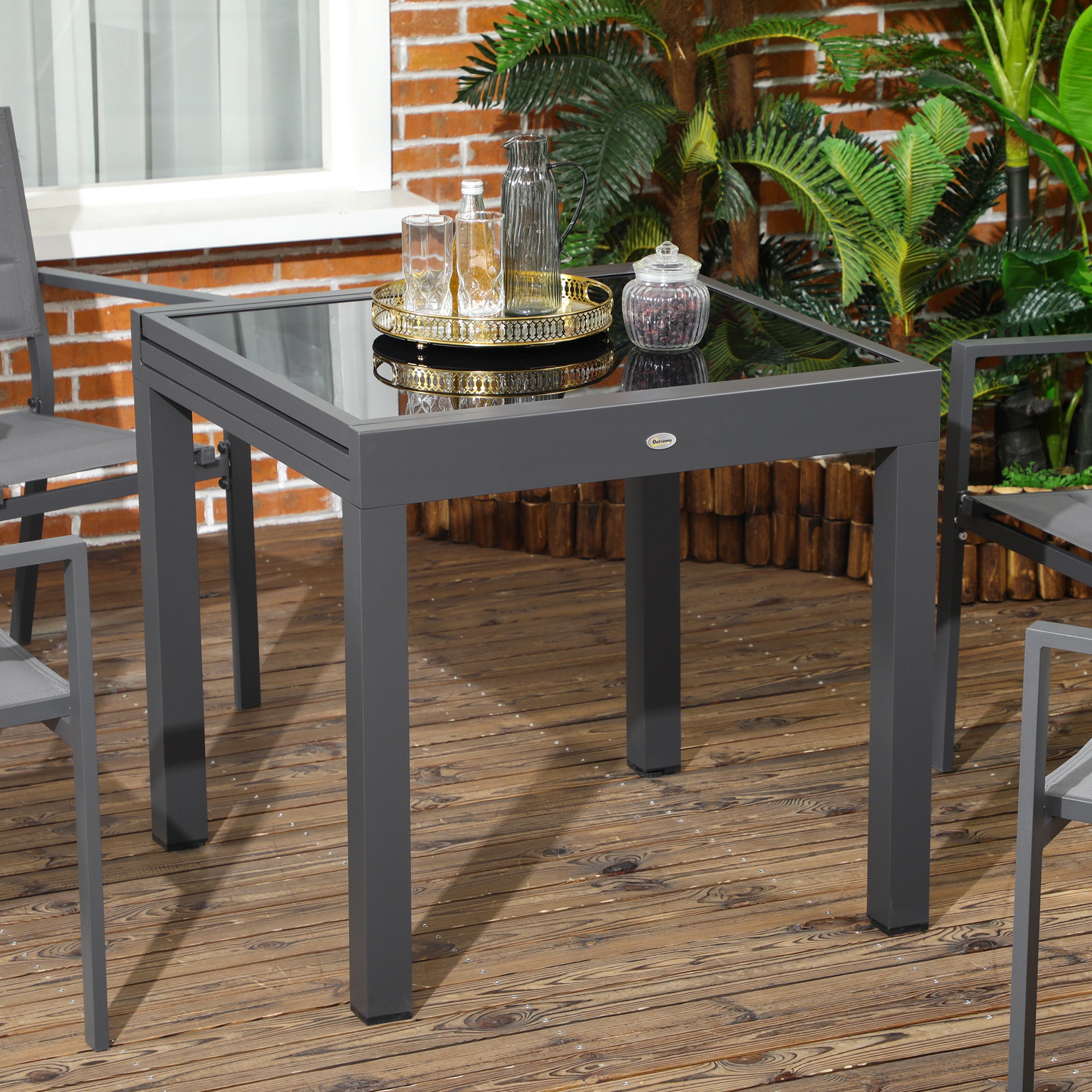 Extendable Garden Dining Table with Glass and Aluminum Top, 80-160x80x75 cm, Black