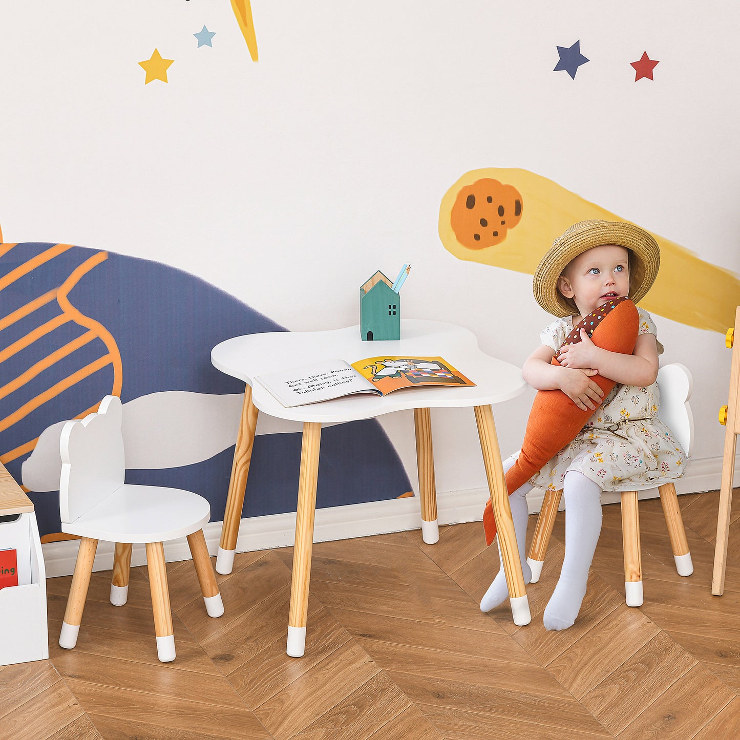 Children's Wooden Teddy Bear Table and 2 Chairs Set, White