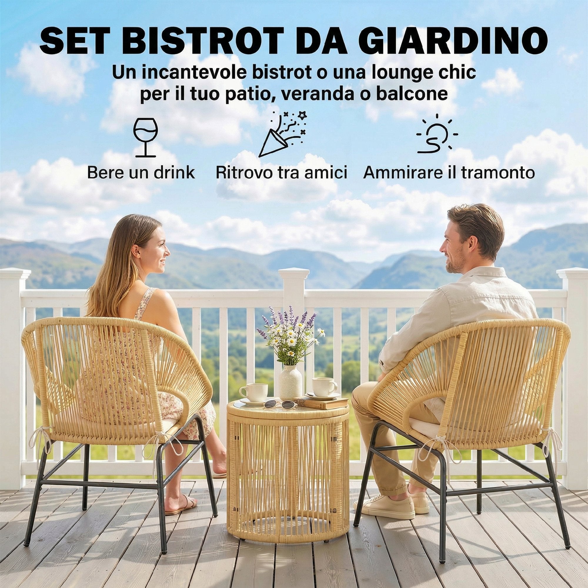 Outsunny 3-Piece Rattan and Steel Bistro Set with 2 Chairs, Round Table with Tempered Glass Top, Beige