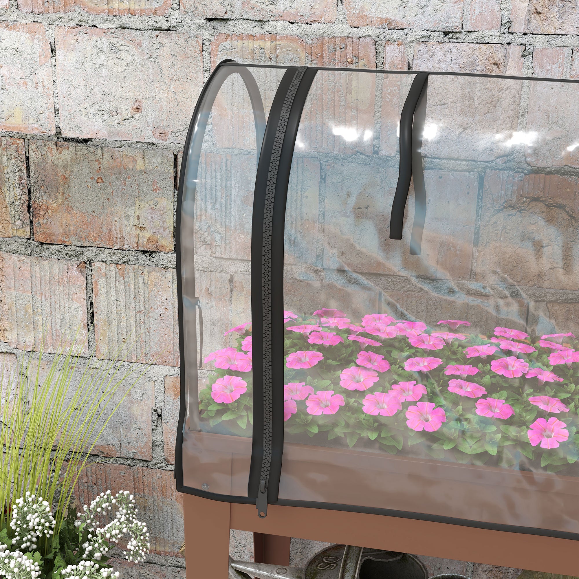 Raised Planter with Mini Greenhouse for Plants, Wheels and Shelf, 80x40x120cm, Brown - Borgè
