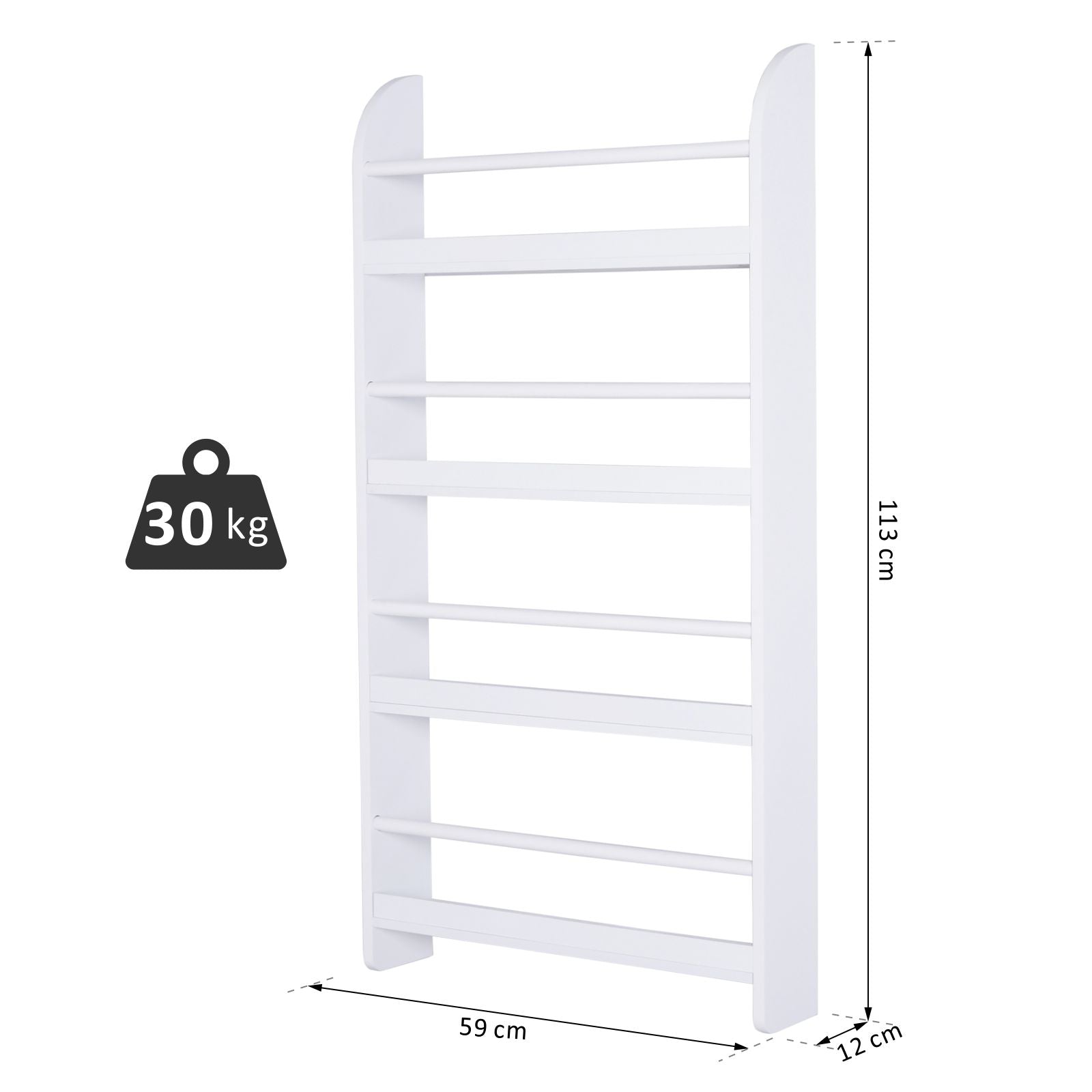 4-Tier Wall-Mounted Bookcase, White, Waterproof, Max Load 30kg (59cm x 12cm x 113cm)