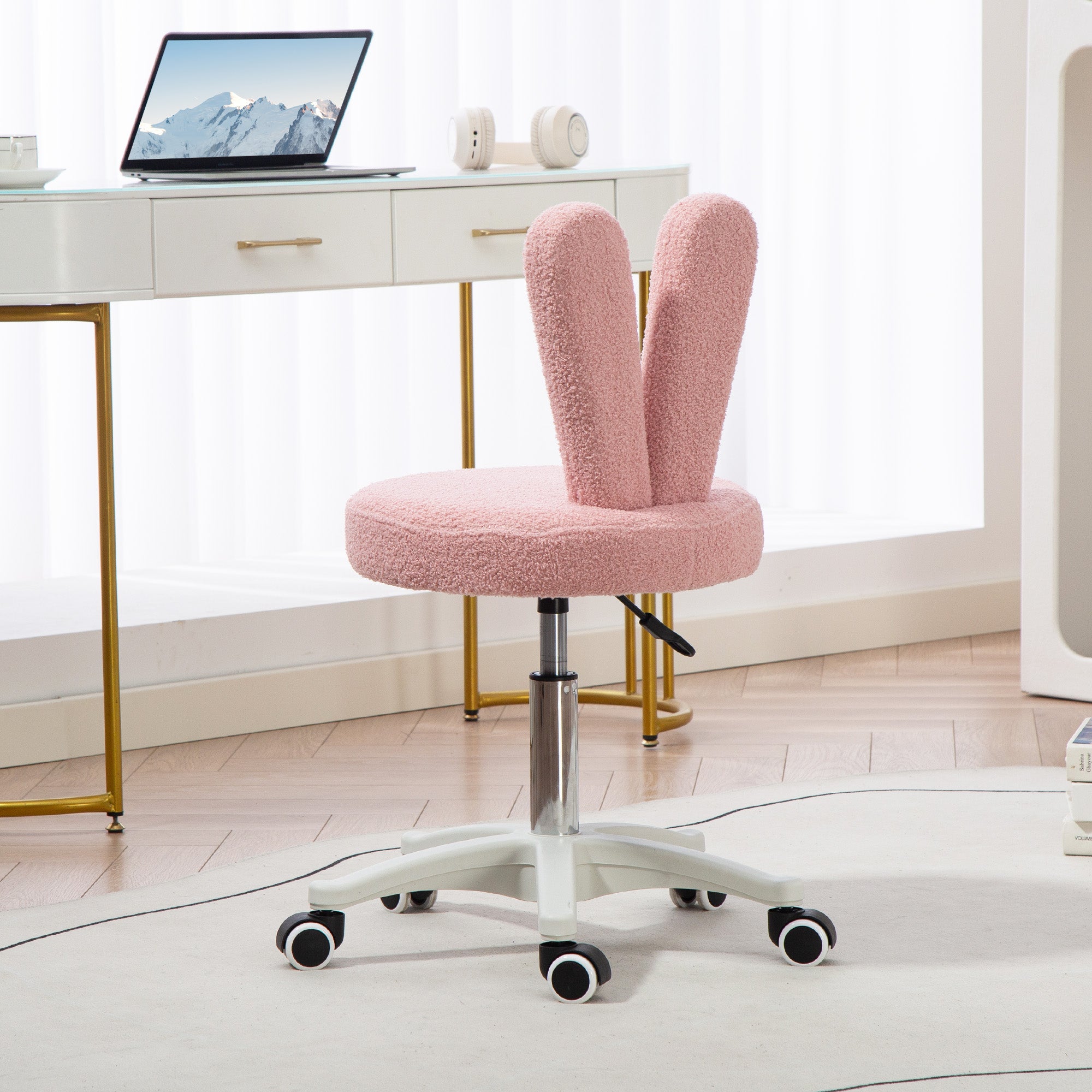 Height-Adjustable Rabbit Ear Desk Chair with Teddy Fleece Cover, Pink, 53x53x70-84 cm