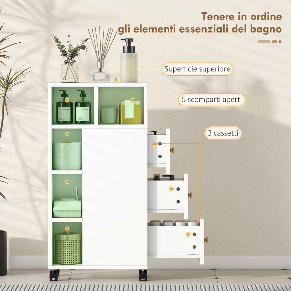 HOMCOM Space-Saving Bathroom Cabinet with Wheels, 3 Drawers and 5 Compartments with Adjustable Shelves, 20x40x80 cm, White