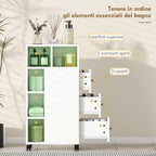 HOMCOM Space-Saving Bathroom Cabinet with Wheels, 3 Drawers and 5 Compartments with Adjustable Shelves, 20x40x80 cm, White