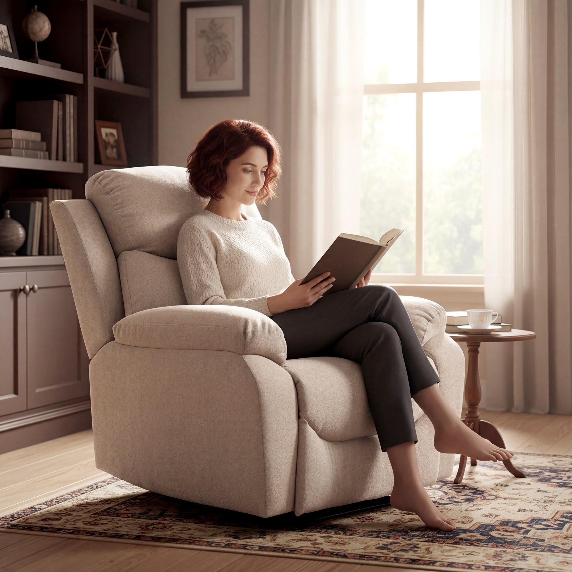 Manual Fabric Recliner Chair with Thick Cushion, Padded Armrests and Footrest, Beige