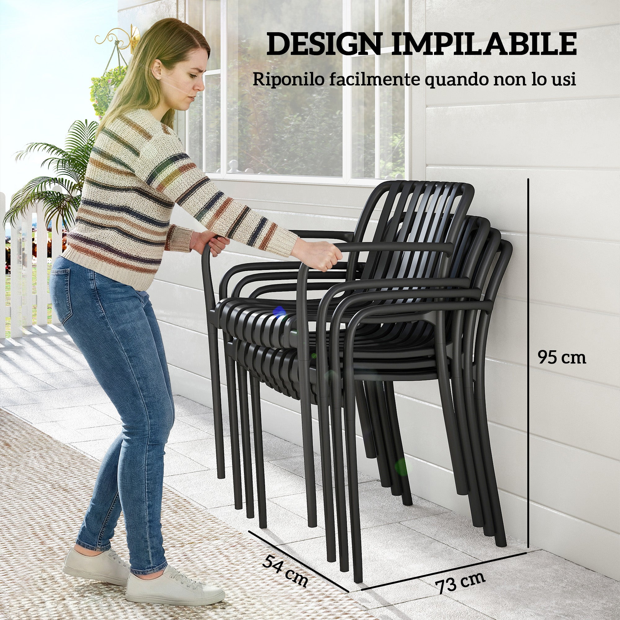 Outsunny Set of 4 Stackable Patio Chairs, Outdoor Dining Chairs with Curved Backrest, Slatted Seat and Armrests