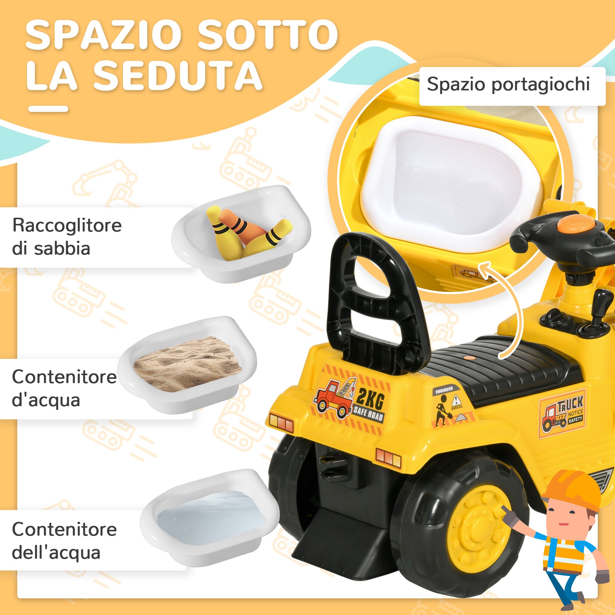 Children's Excavator with Bucket and Retractable Storage Space, PP and ABS, 80x26.5x39 cm, Yellow and Black