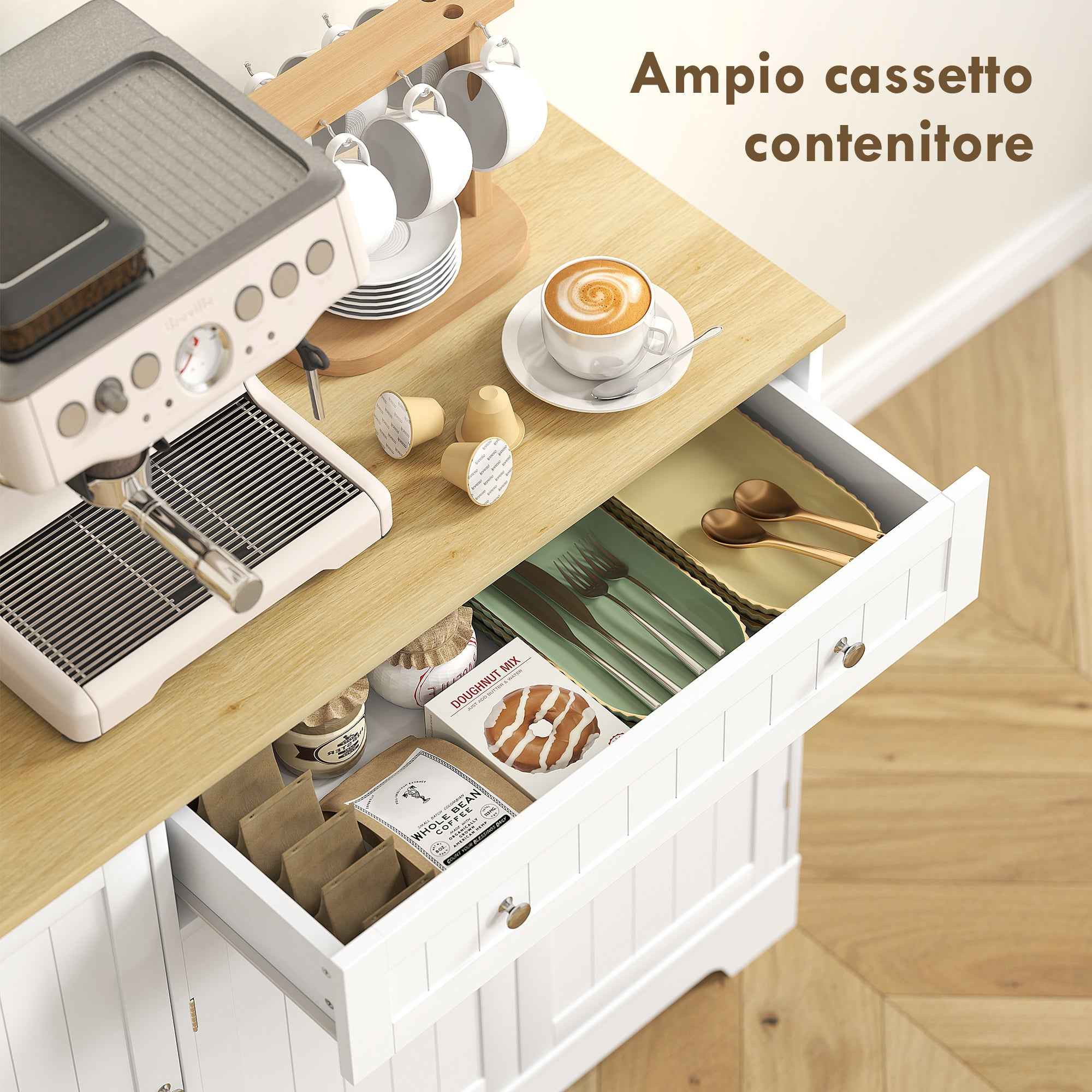 HOMCOM Modern Sideboard with Storage Space, Buffet Cabinet with Drawer, Adjustable Shelves, Small Kitchen Pantry with Door Shelves, White