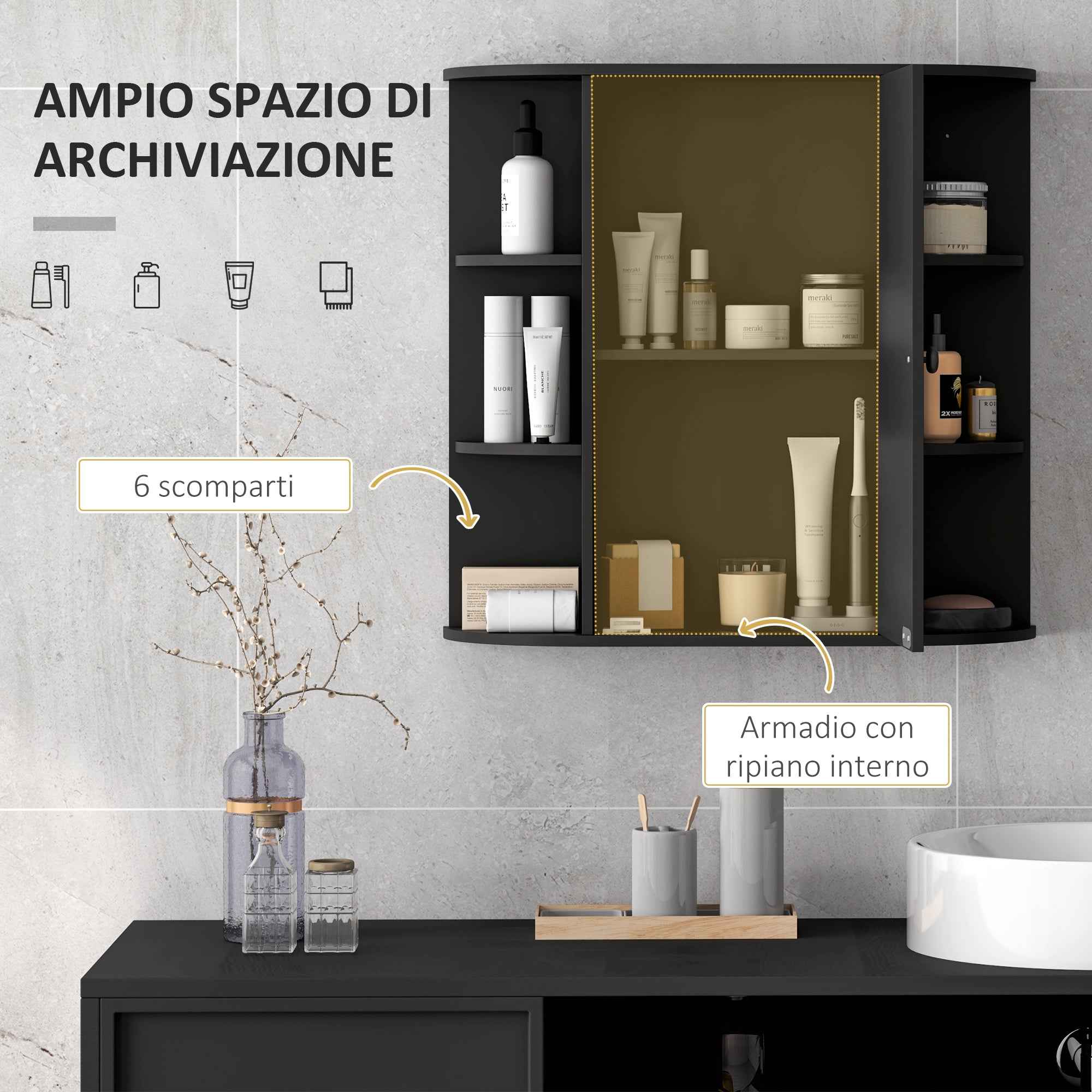 HOMCOM Bathroom Mirror with 6 Open and 2 Closed Shelves, Wood and Glass, 66x17x63 cm, Black