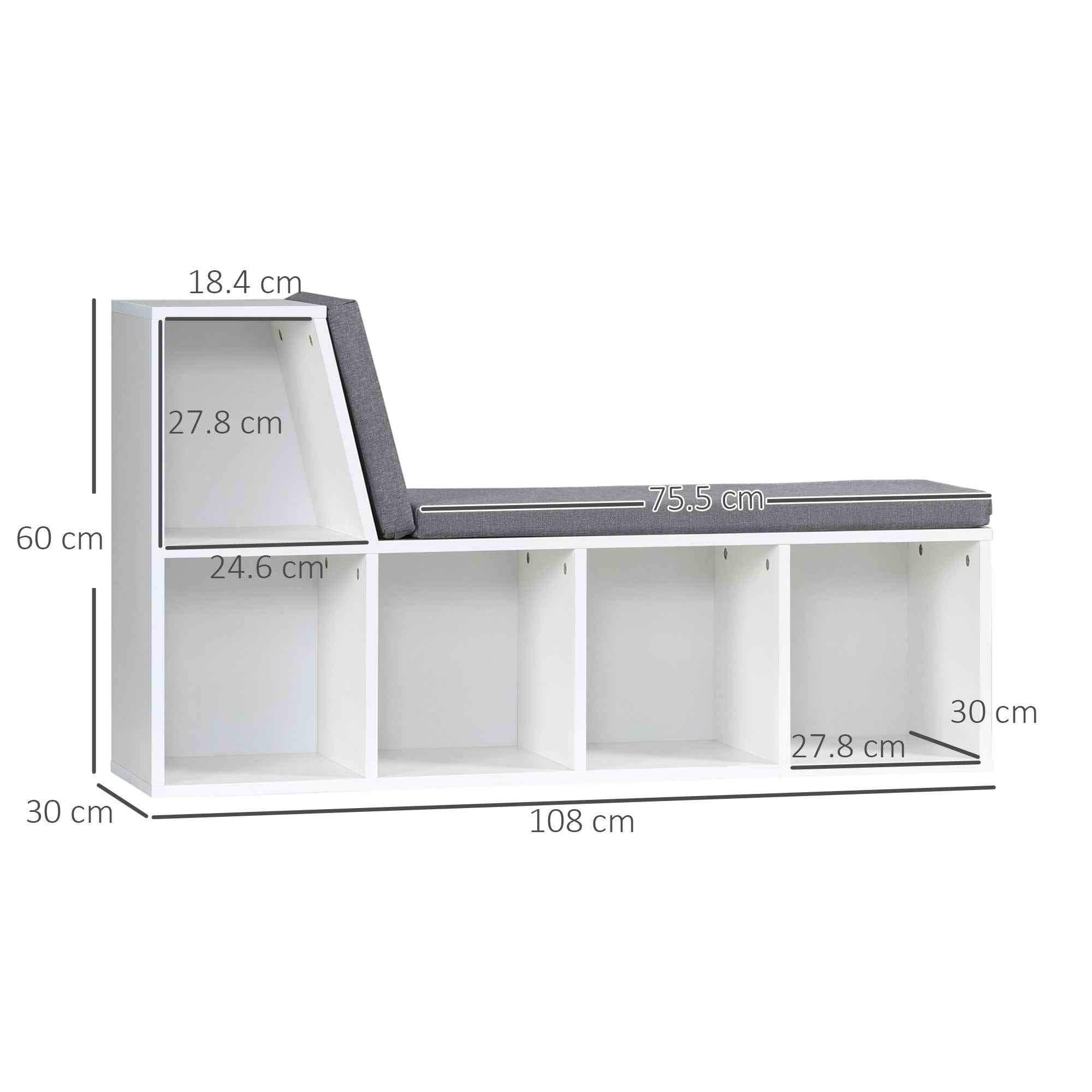 HOMCOM Modern 5-Tier Open Bookcase with 2 Cushions, Wooden, 108x30x60 cm, Grey