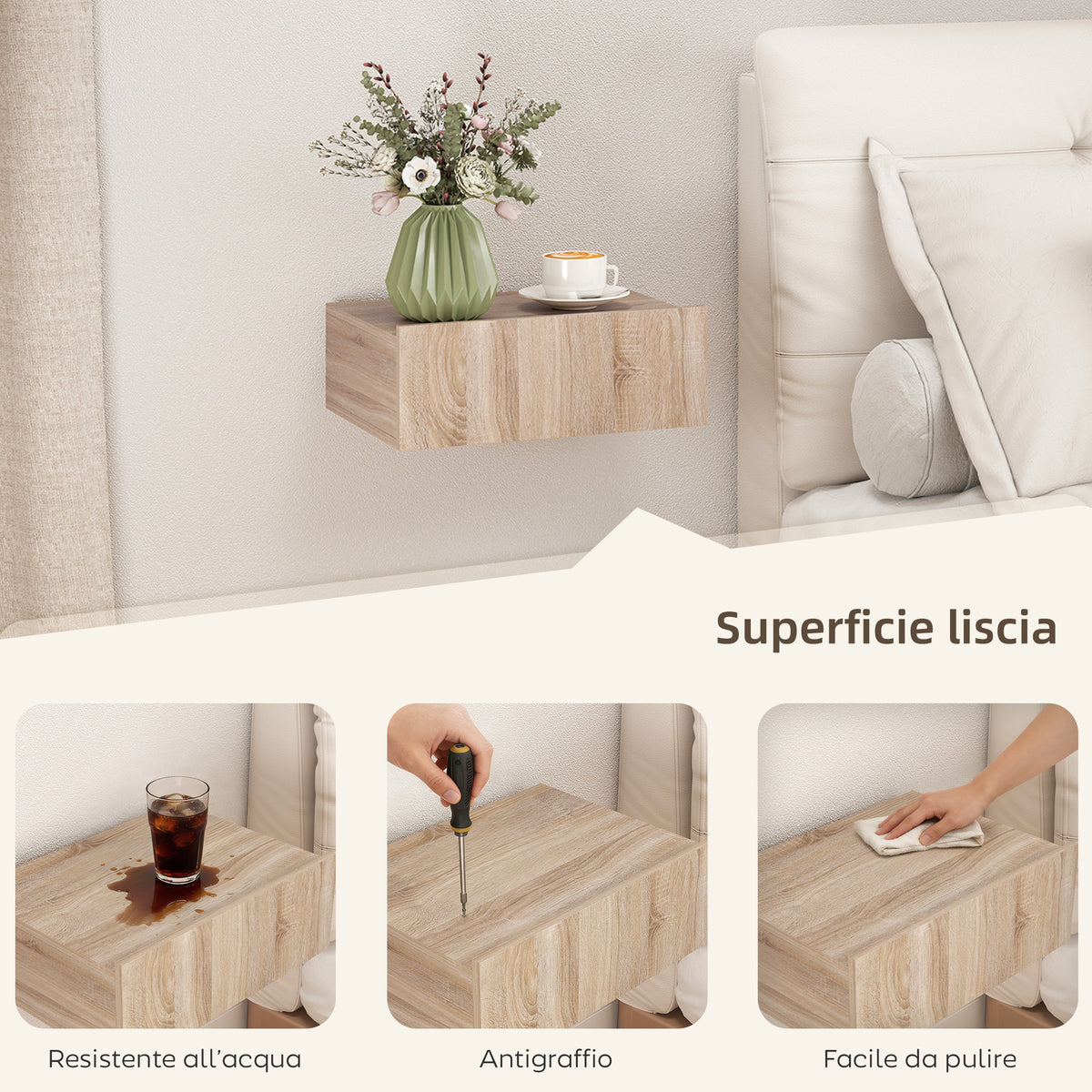 HOMCOM Set of 2 Modern Floating Bedside Tables with Wooden Drawer, 40x30x15cm, Oak