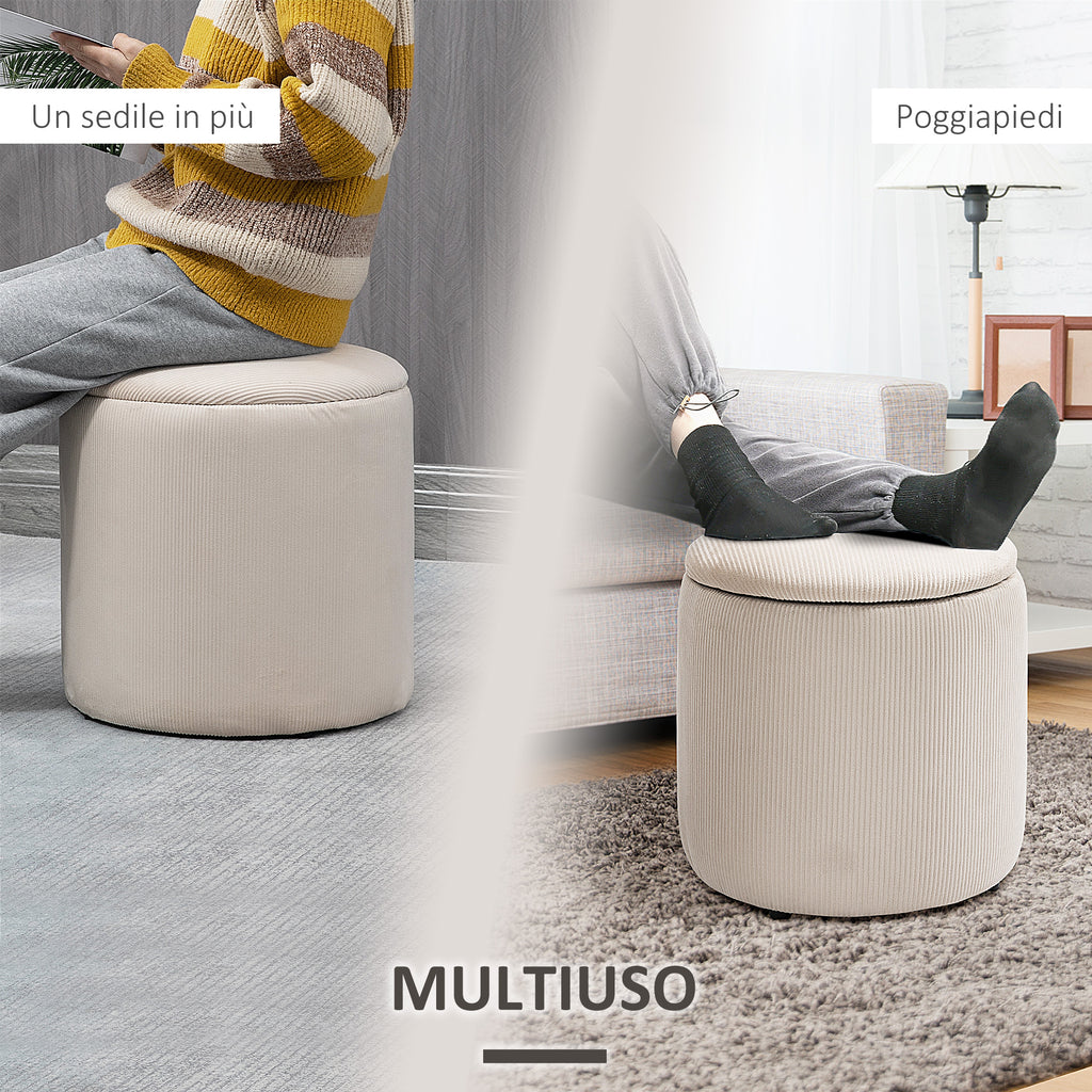 Set of 2 Round Corduroy Storage Ottomans, White