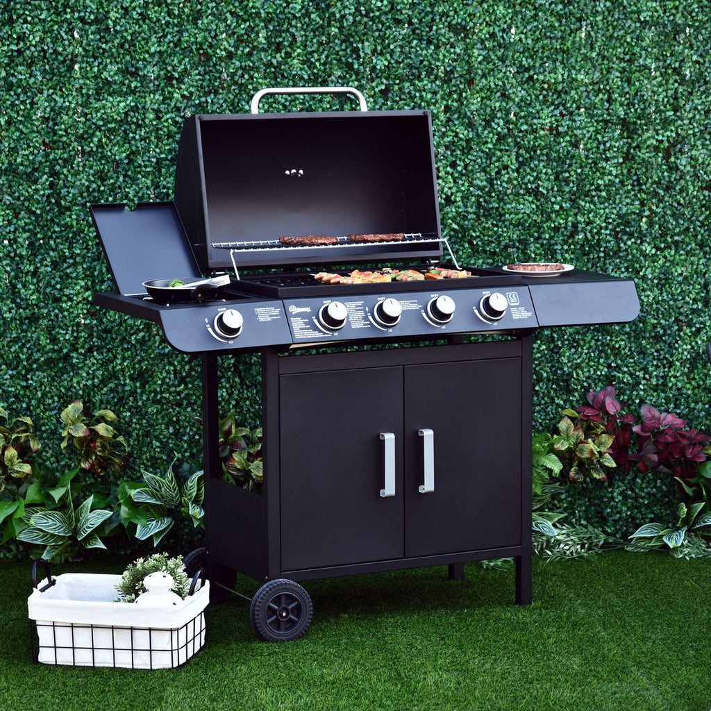 5 -stove gas barbecue outsunny with side shelves and locker, in steel and pp, 125x51x100 cm, black - Borgè