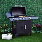 5 -stove gas barbecue outsunny with side shelves and locker, in steel and pp, 125x51x100 cm, black - Borgè