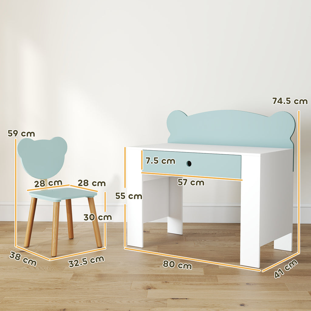 Children's Desk Set with Drawer and Chair with Bear Backrest, Ages 3-8 Years, Green