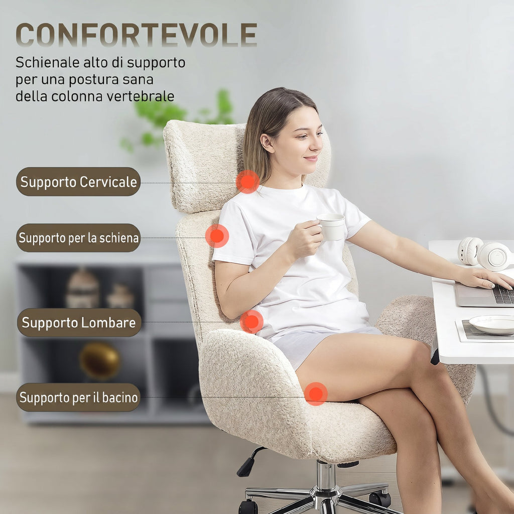 HOMCOM Bouclé Swivel Office Chair with Headrest. Height-Adjustable, Rocking Function, Light Grey-White