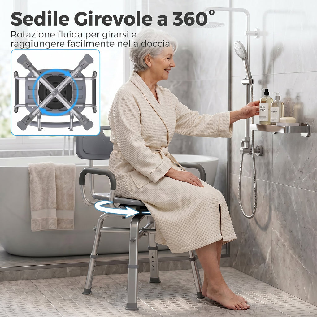 HOMCOM Height-Adjustable Swivel Shower Chair with Armrests, Backrest, 150kg Capacity, Grey