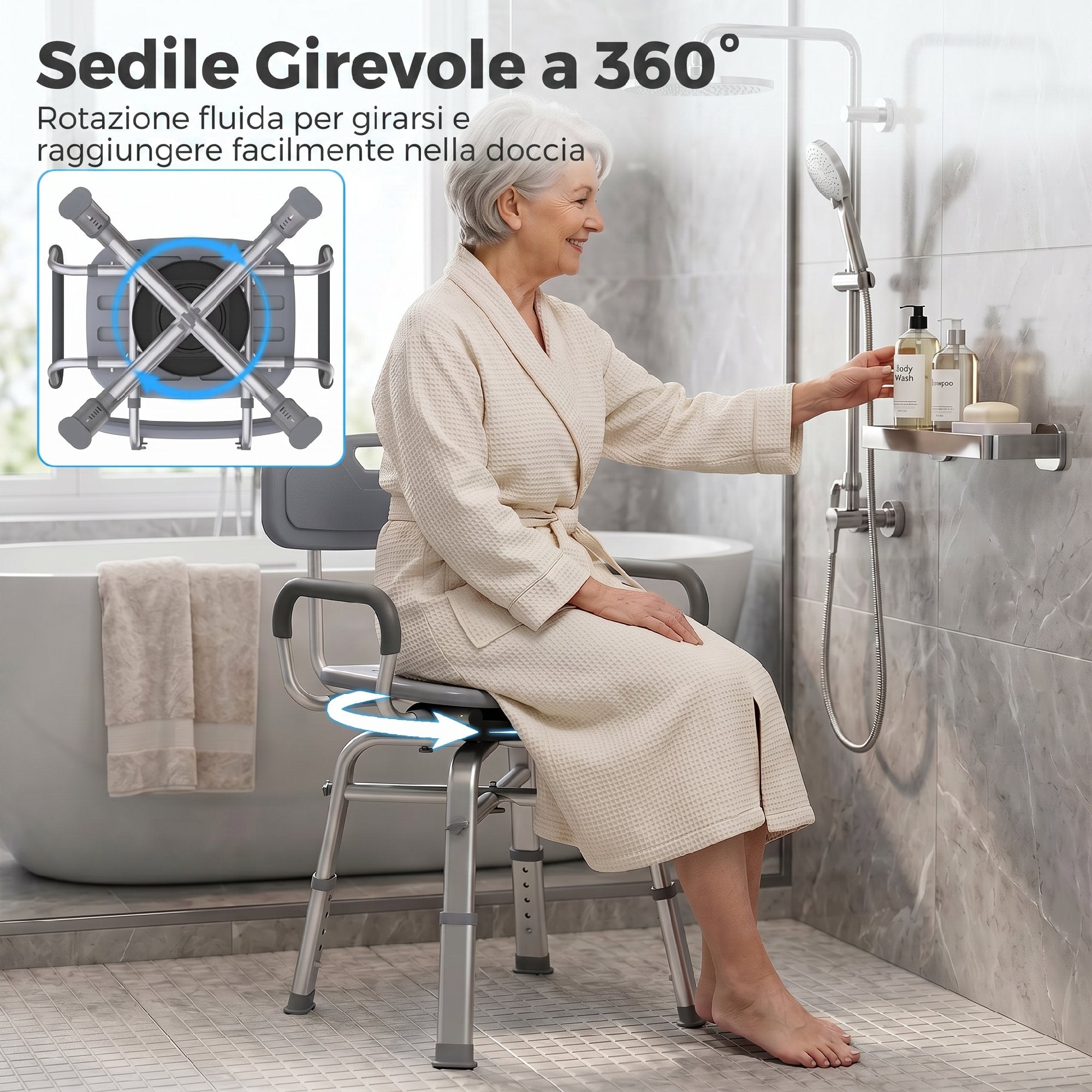HOMCOM Height-Adjustable Swivel Shower Chair with Armrests, Backrest, 150kg Capacity, Grey