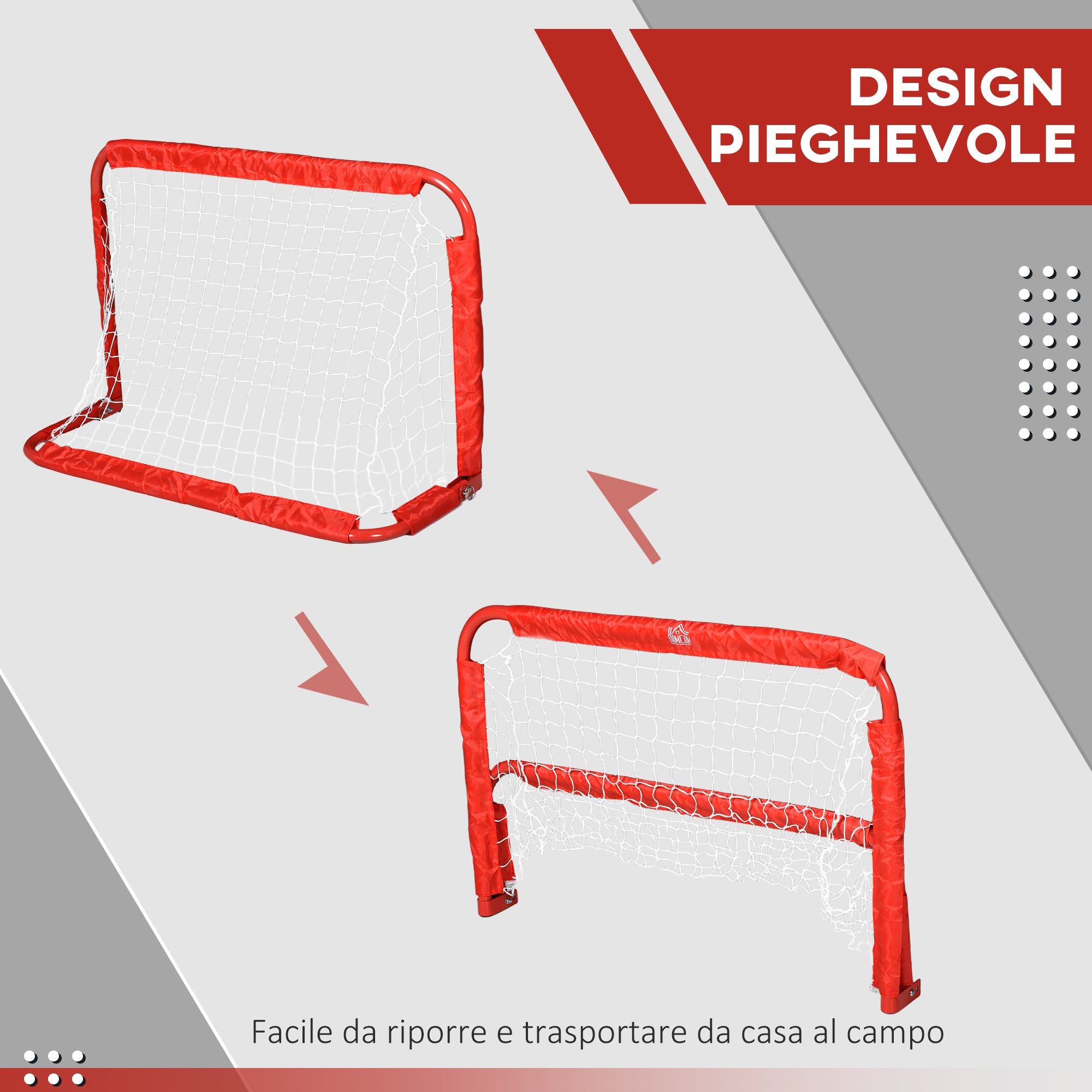Set of 2 Folding Outdoor Football Goals with 4 Pegs, Steel and Tetrolon, 90x36x60 cm, Red