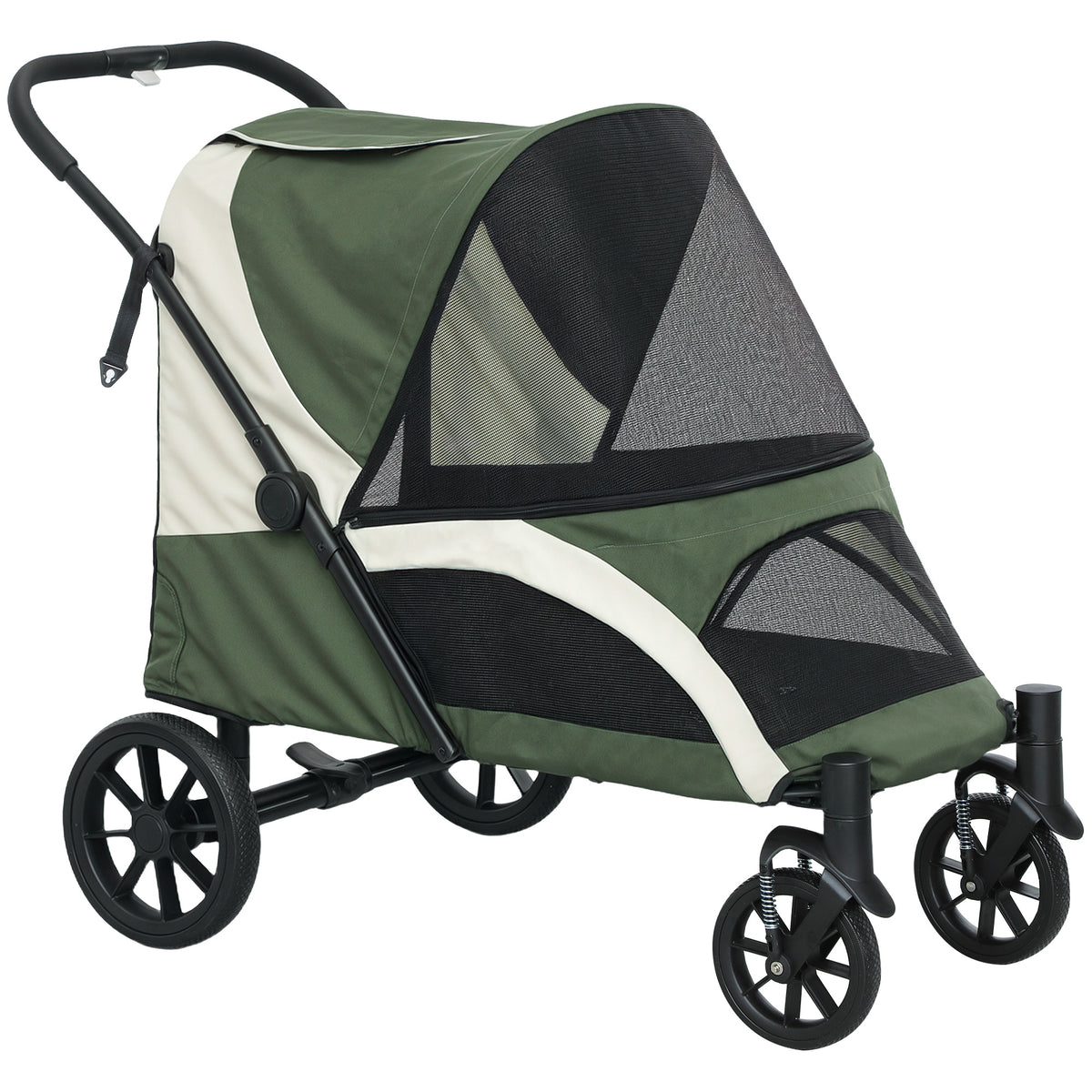 PawHut Medium Dog Stroller, Foldable with Mesh Windows, Cushion and Leash, 124 x 67 x 100 cm, Dark Green
