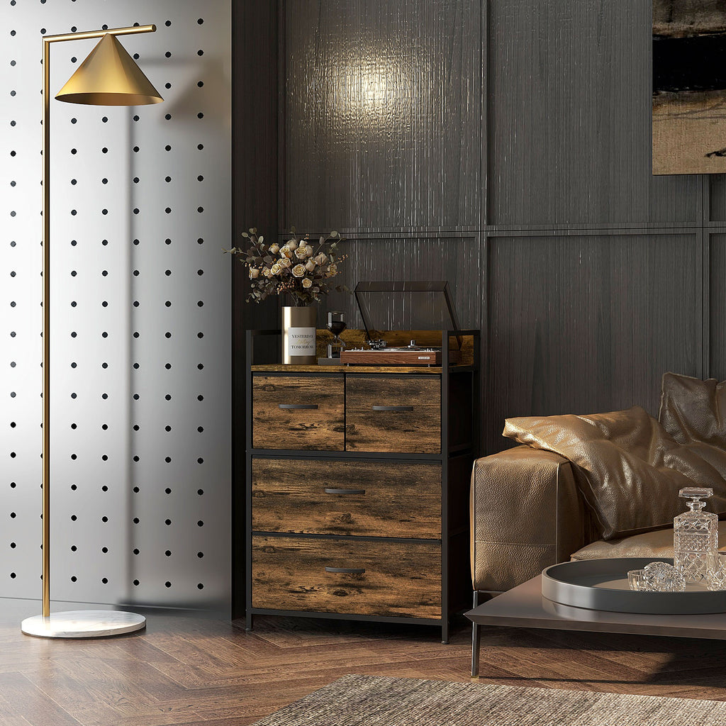 Chest of 4 Removable Drawers with Industrial Design in Wood and Steel, 60x29x85 cm, Brown and Black