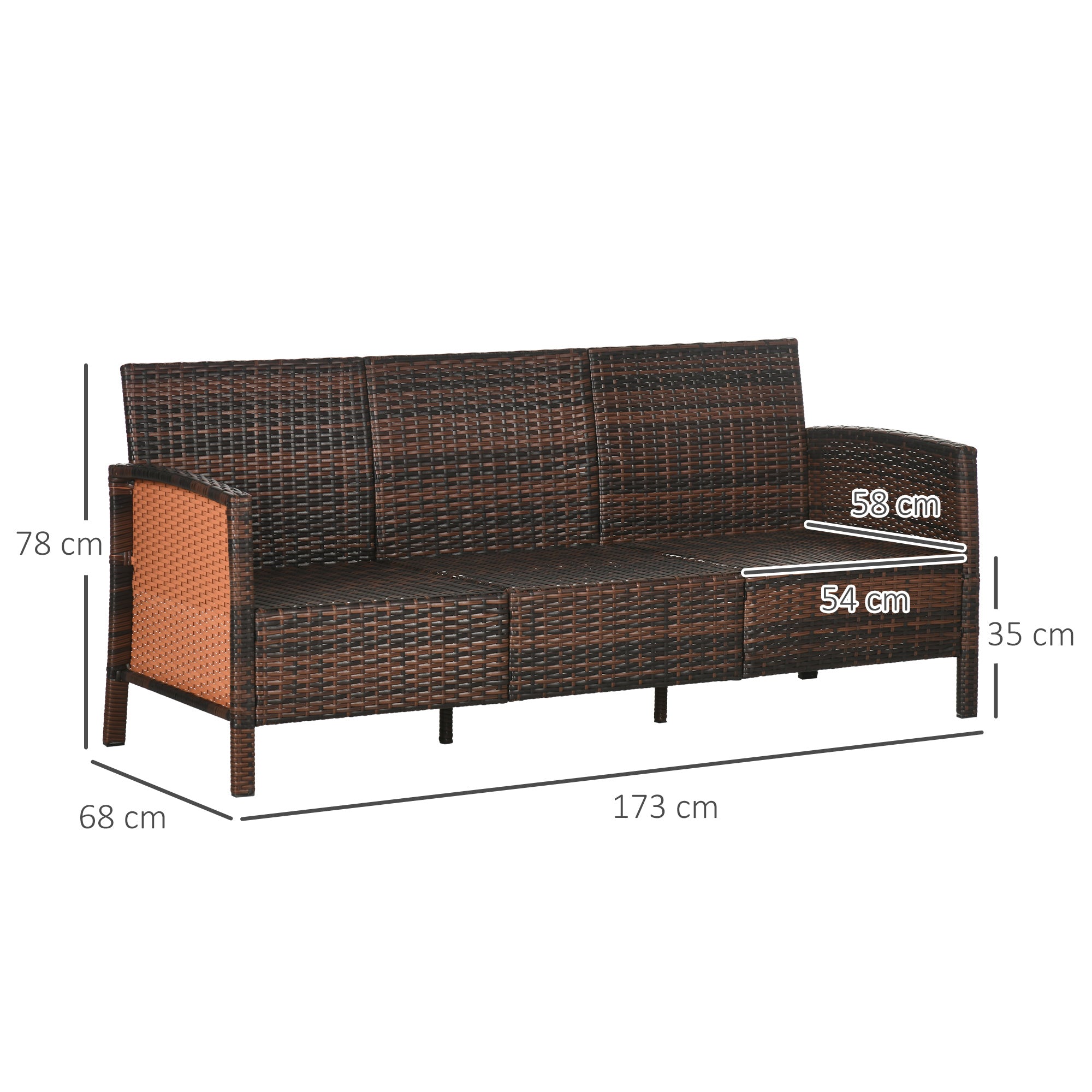 3-Seater Outdoor Sofa in PE Rattan with Padded and Removable Cushions, 173x68x78 cm, Brown