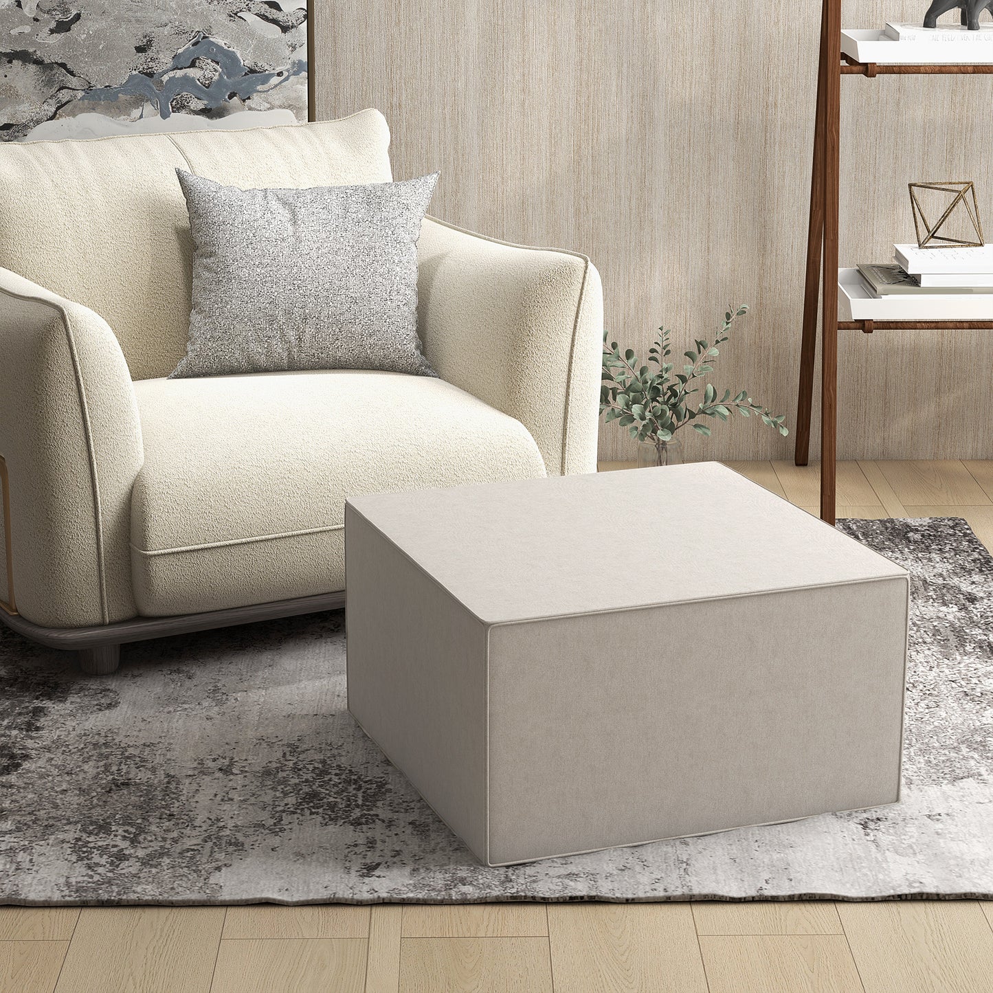 Footstool 2 in 1 with Removable Linen Effect Fabric Cover, 75x75x41 cm, Beige