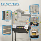 Bird Cage with Pedestal, Swivel Wheels, Shelf and Accessories, 46x36x120 cm, Black