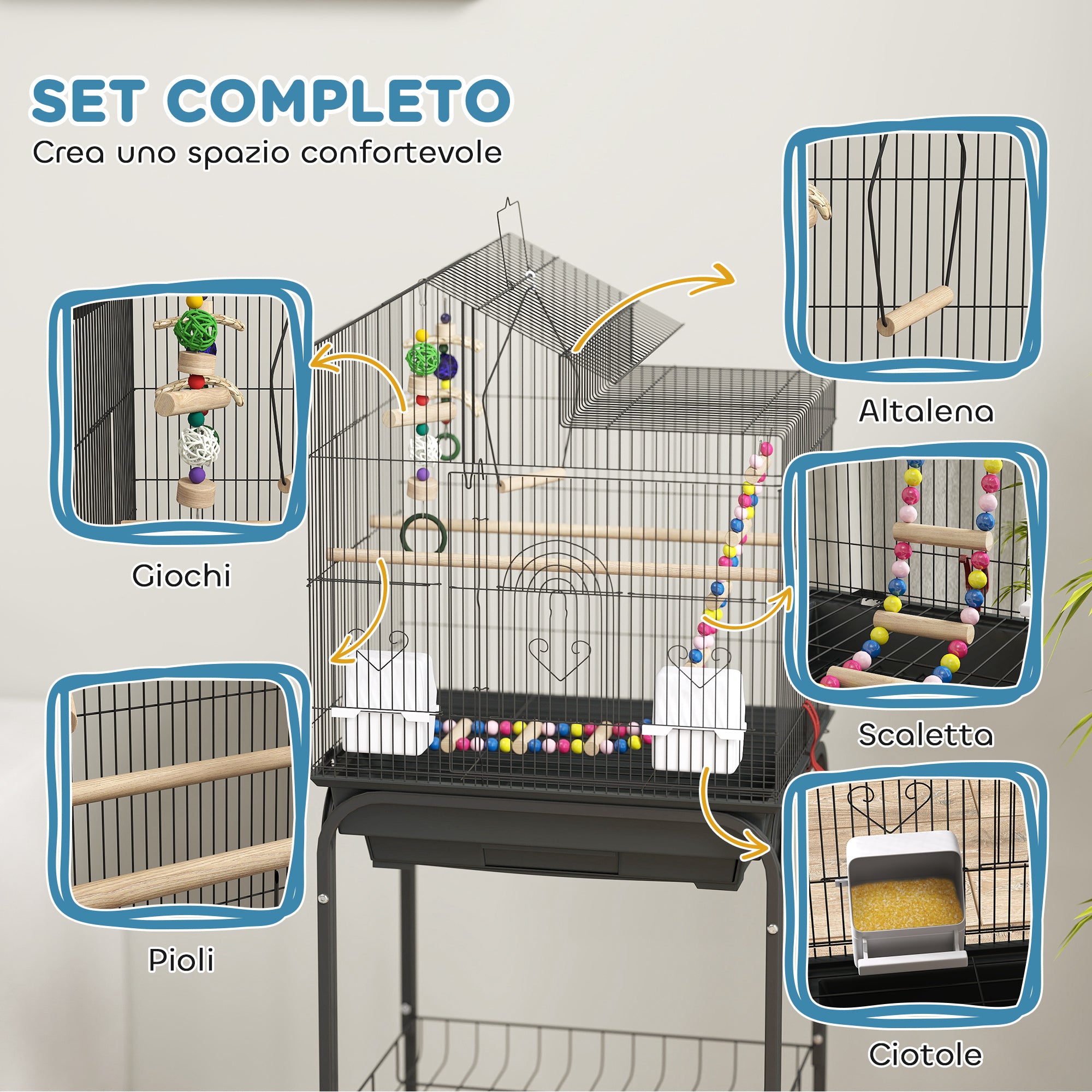 Bird Cage with Pedestal, Swivel Wheels, Shelf and Accessories, 46x36x120 cm, Black