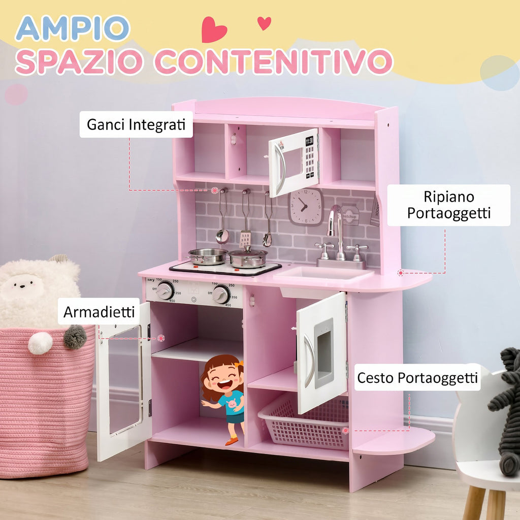 HOMCOM Kids' Play Kitchen with Stove, Lights and Sounds, Microwave, Water Dispenser, Ages 3-6, Pink
