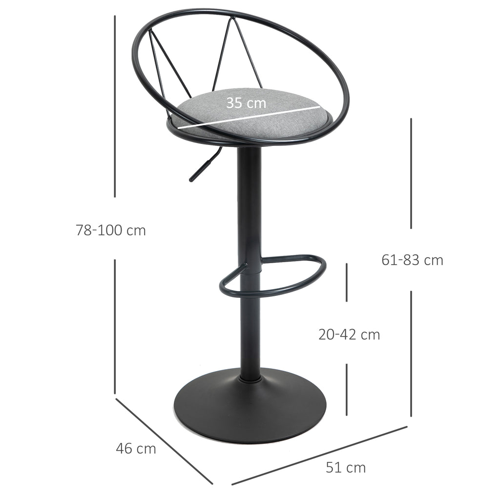 Set of 2 Bar Stools with Backrest and Footrest, Adjustable Height and Padded Seat, Grey