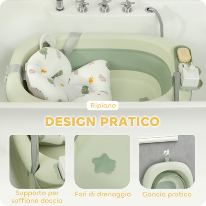 Foldable Baby Bath Tub with Pad and Washbasin, Non-Slip Plastic, 86x53x25.5 cm, Green