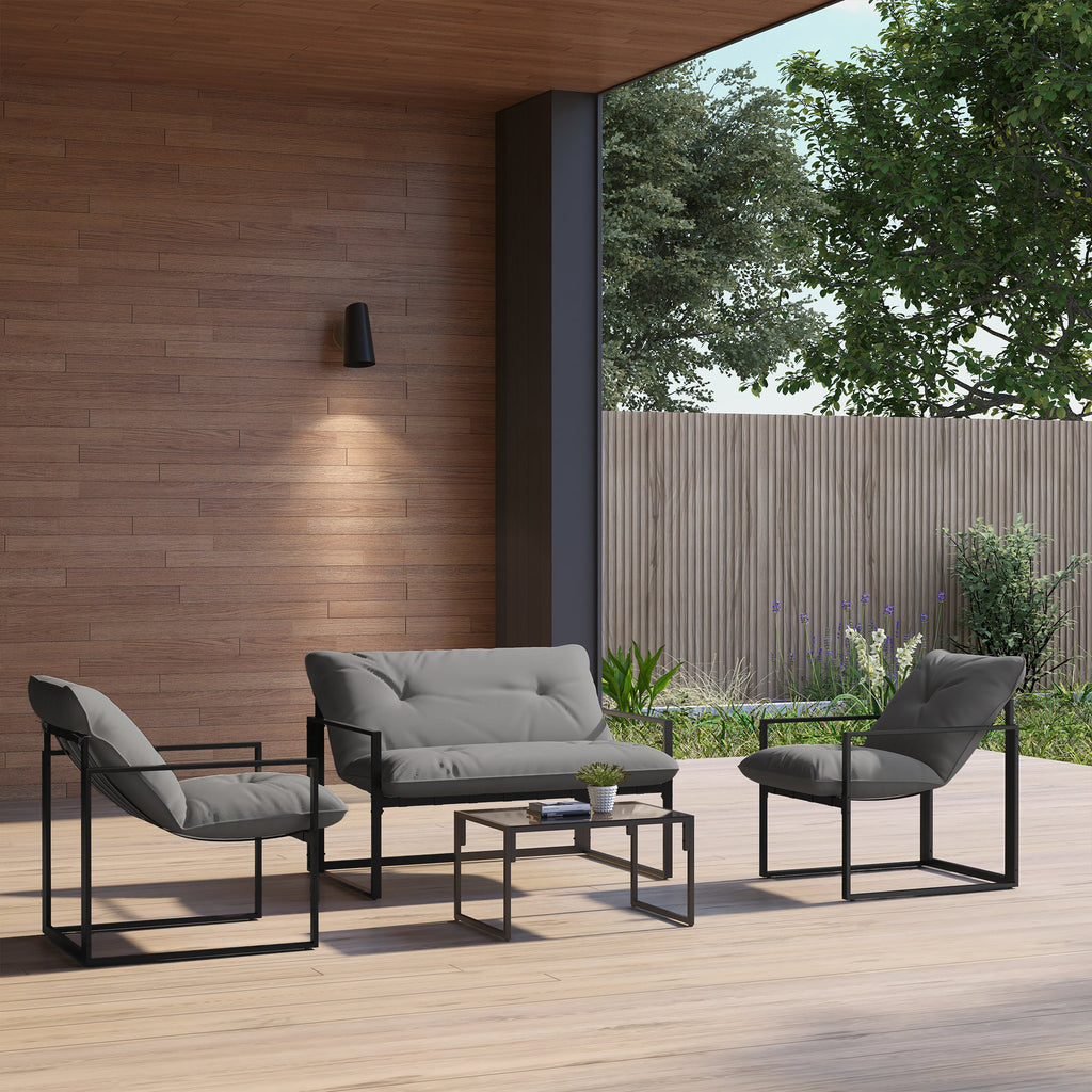 Outsunny 4-Piece Garden Set with Sofa, 2 Armchairs and Coffee Table, in Steel, Polyester and PP Cotton, Black and Grey
