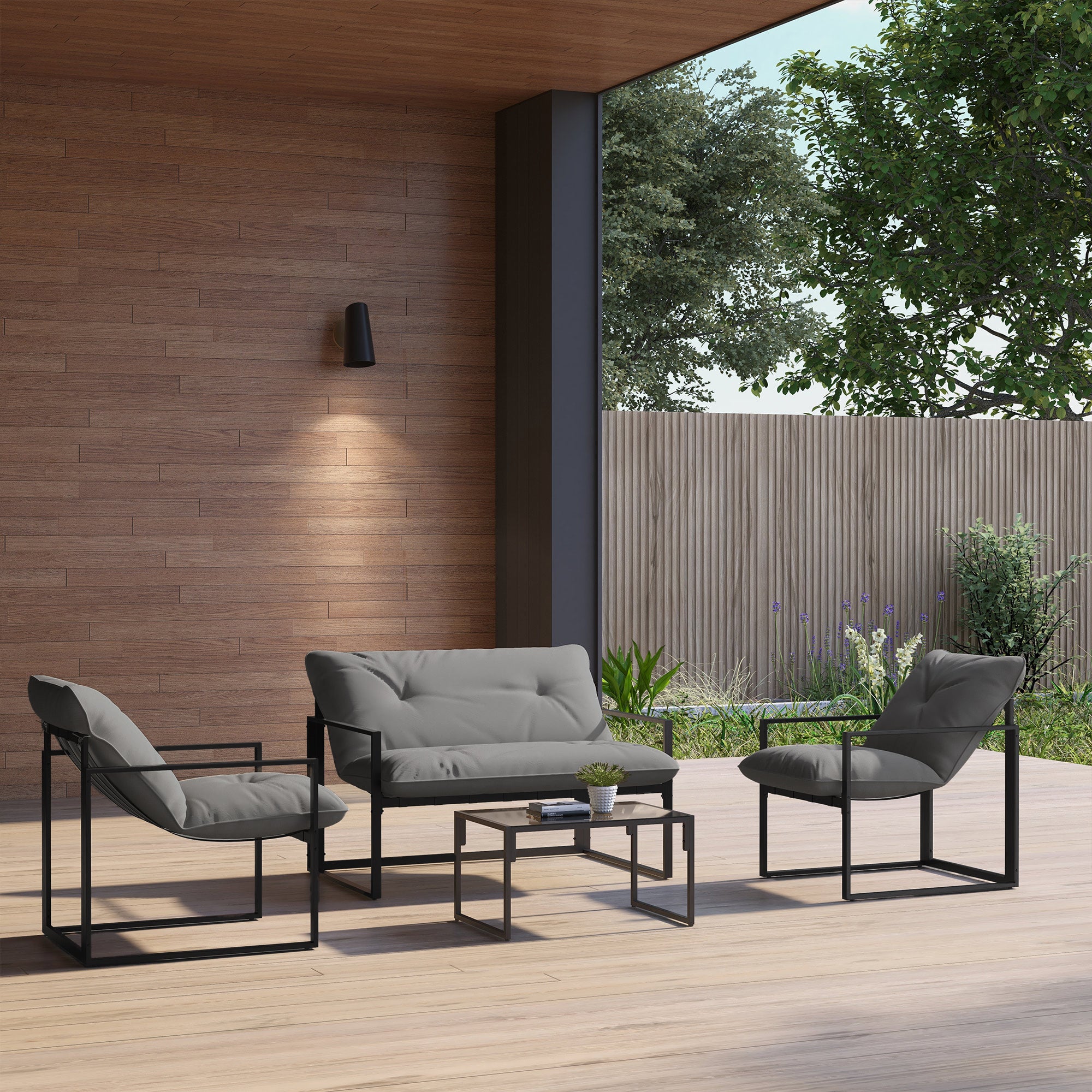 Outsunny 4-Piece Garden Set with Sofa, 2 Armchairs and Coffee Table, in Steel, Polyester and PP Cotton, Black and Grey