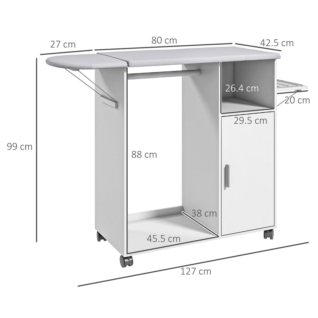 Mobile Ironing Board with Shelf, 3 Cube Shelves and Guide, 107x42.5x99cm, White - Borgè