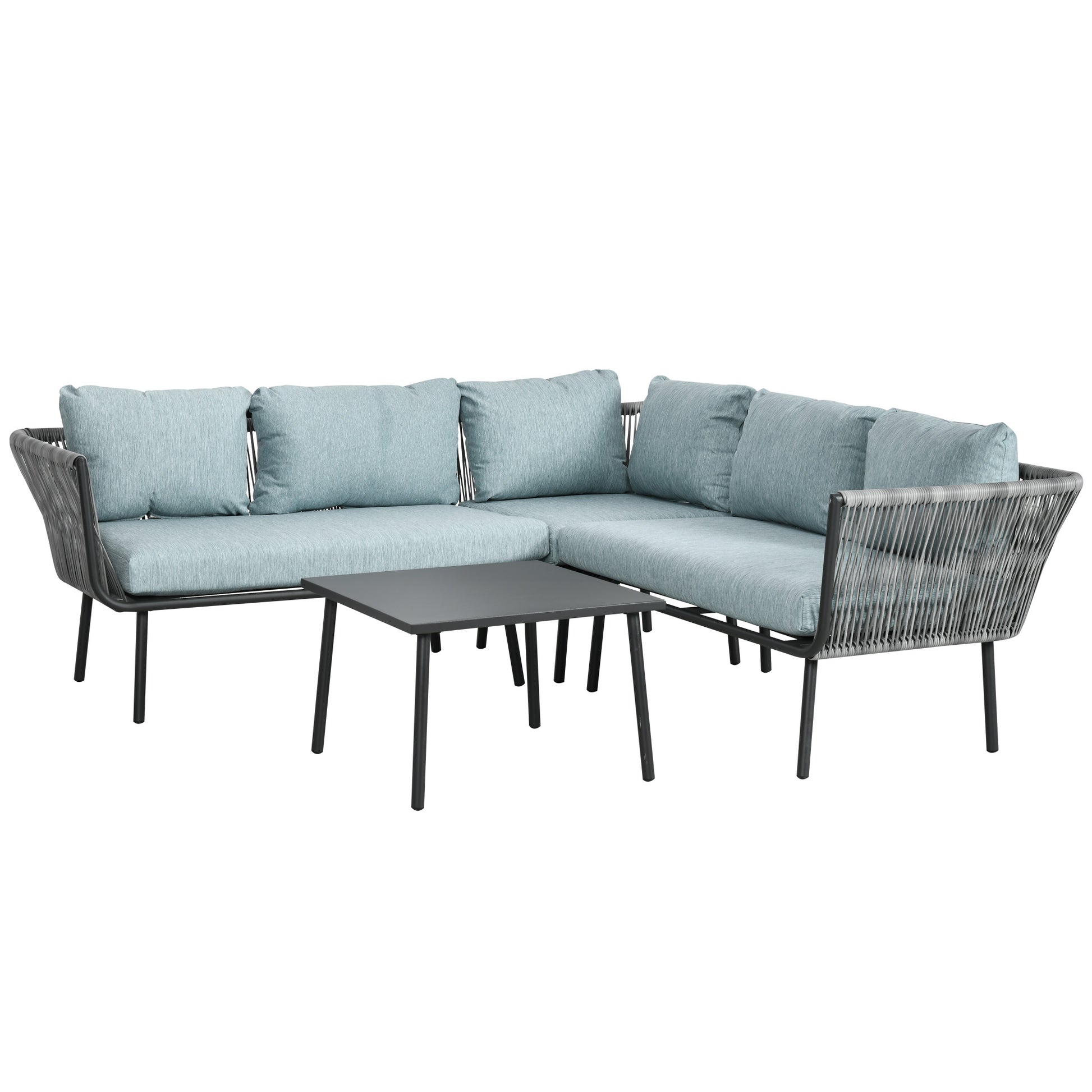 4-Piece Rattan Garden Set with Coffee Table, 2 Corner Sofas and Armchair, Black Gray and Blue - Borgè