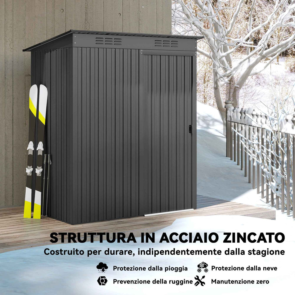 Outsunny Metal Garden Shed with Vents and Sliding Door, 159x106x181 cm, Dark Grey
