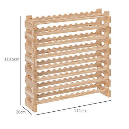 Pine Wood Wine Rack, Wine Cellar with 8 Shelves for 96 Bottles, 114x28x113.5 cm, Wood Color