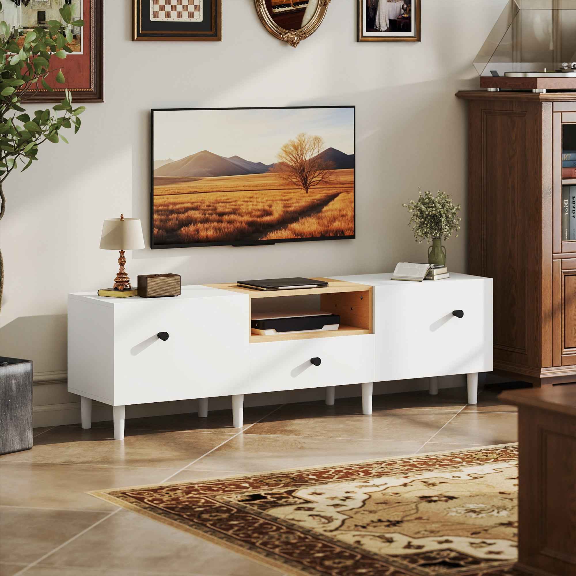 HOMCOM 70" Max TV Stand with 2 Drop-Door Doors, Drawer and Open Shelf, Wooden, 150x35x45 cm, White and Wood Color