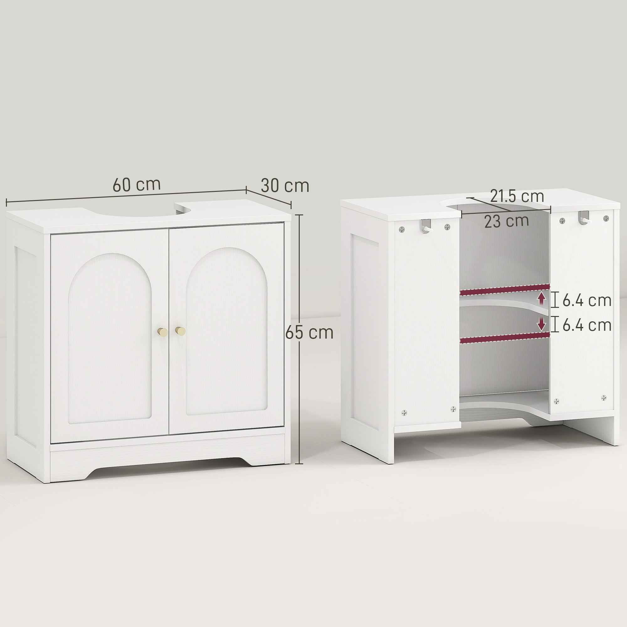 HOMCOM 2-Door Bathroom Vanity Unit with 3-Tier Adjustable Shelf, Wooden, 60x30x65 cm, White