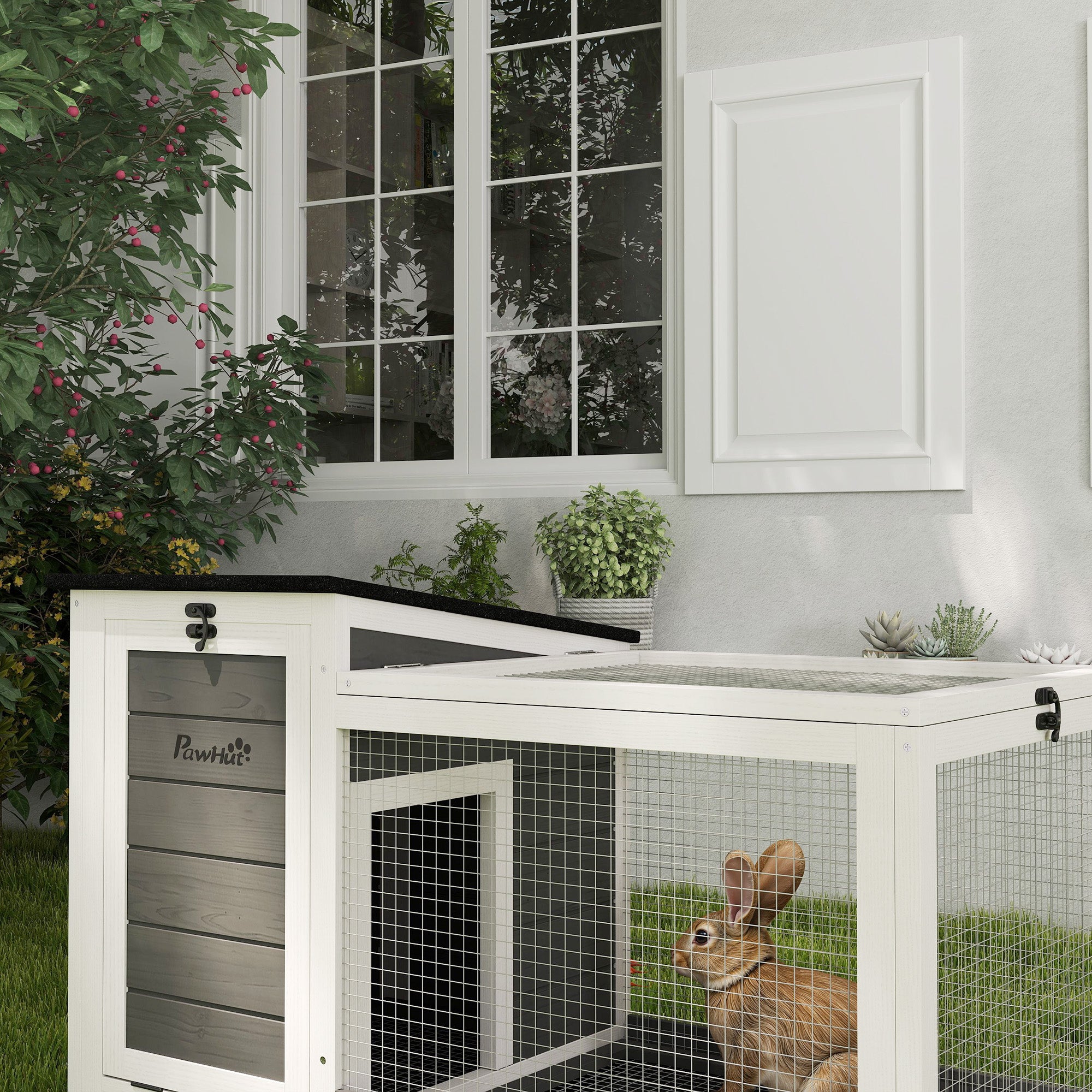 Outdoor Rabbit Hutch on Wheels with Removable Tray, in Fir Wood and Steel, 91x51x66 cm, Multicolor